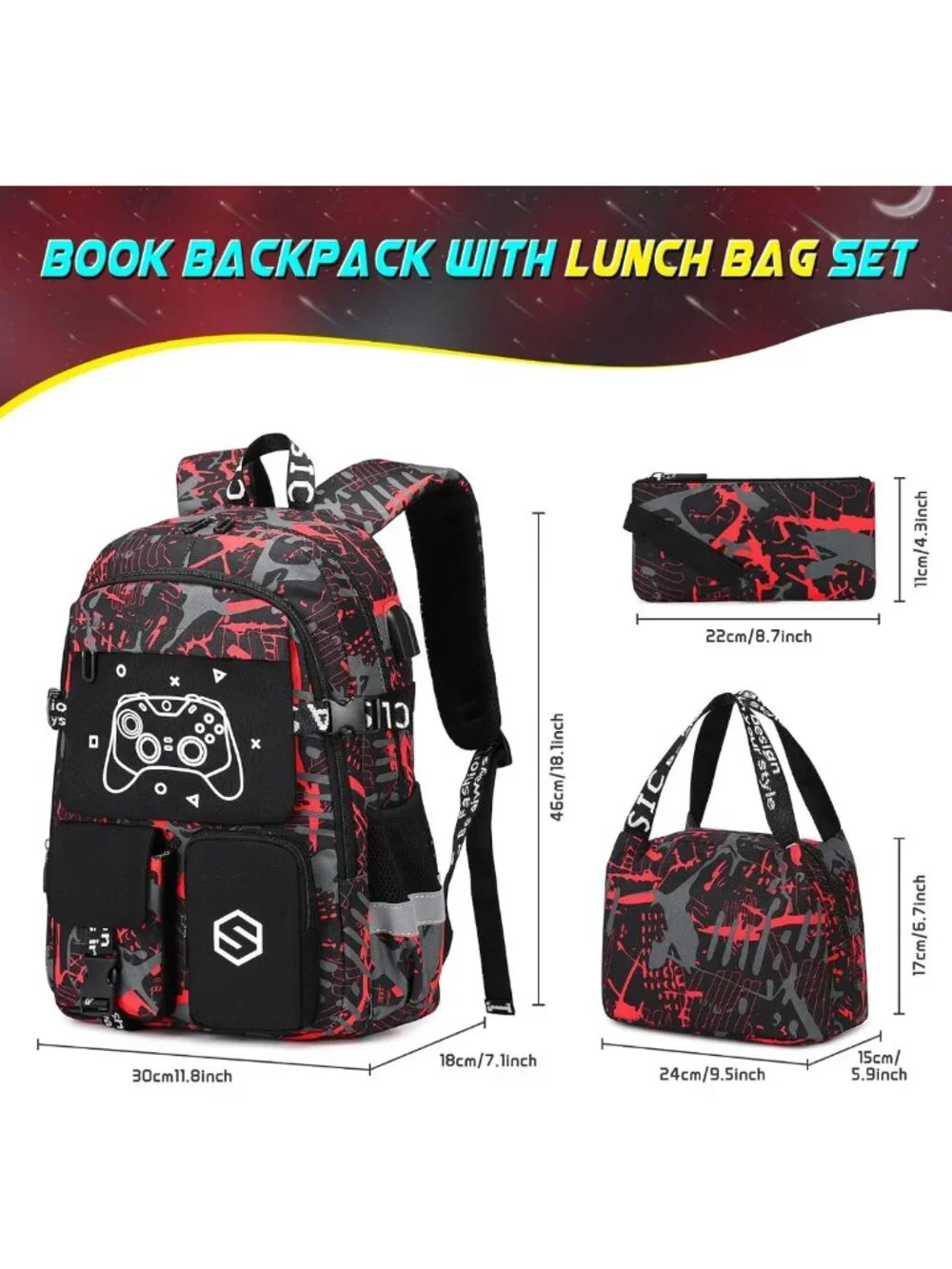 Cool Luminous Boys Backpack Set with Lunch Bag & Pencil Case, USB Charging Port